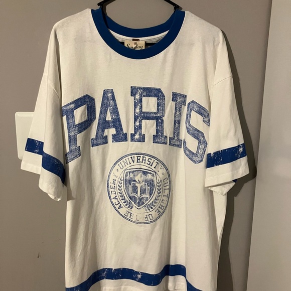 Free People Sunday Market White and Blue T-Shirt Paris sz L - Picture 1 of 4